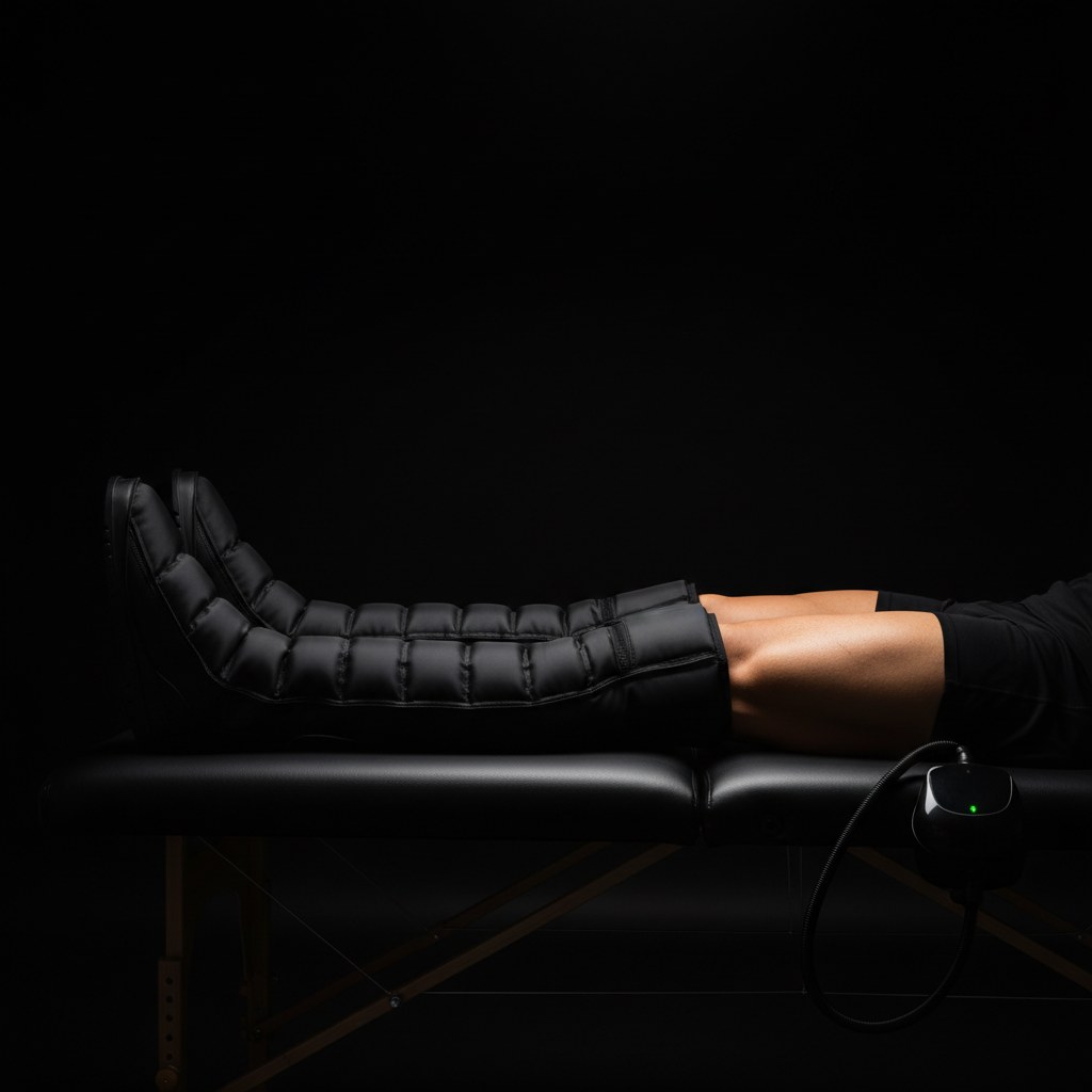 Athlete in matte black Normatec compression boots at The Recovery Cave, recovery session in progress