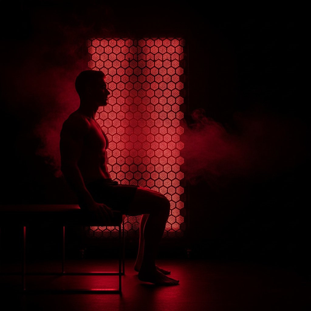 Athlete in red light therapy session at The Recovery Cave, vertical panel emitting red wavelengths