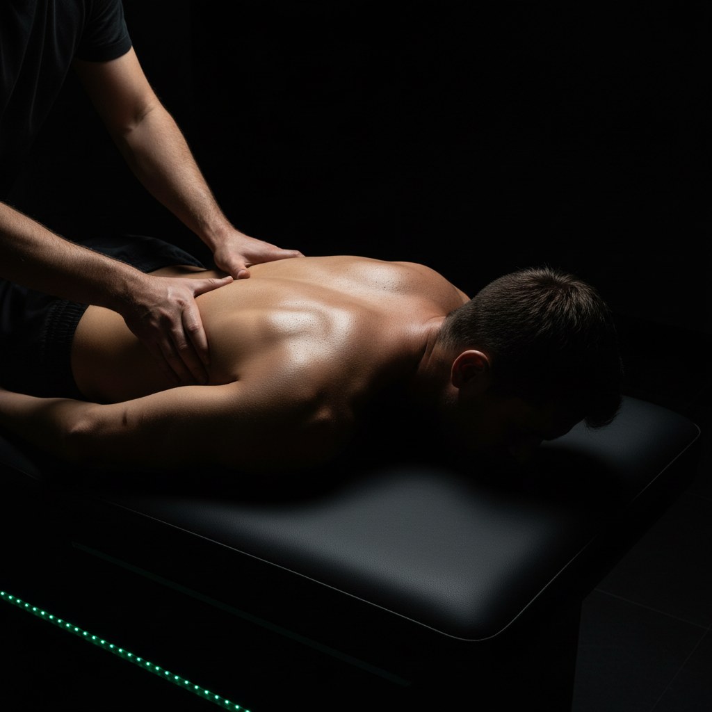 Deep tissue sports massage in progress at The Recovery Cave Miami